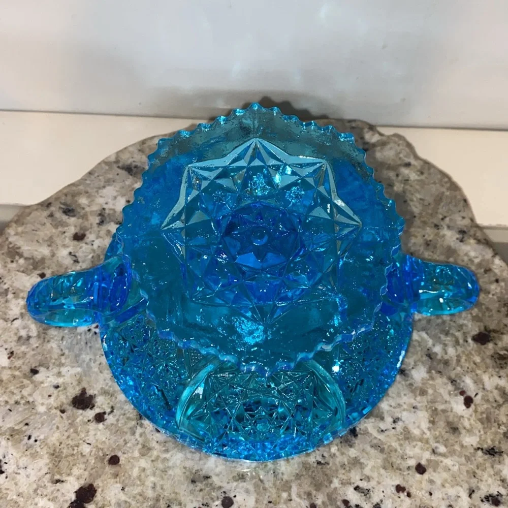 Vintage 1970s Kemple Wheaton Blue Glass Star Sawtooth Edge Handled Pedestal Bowl